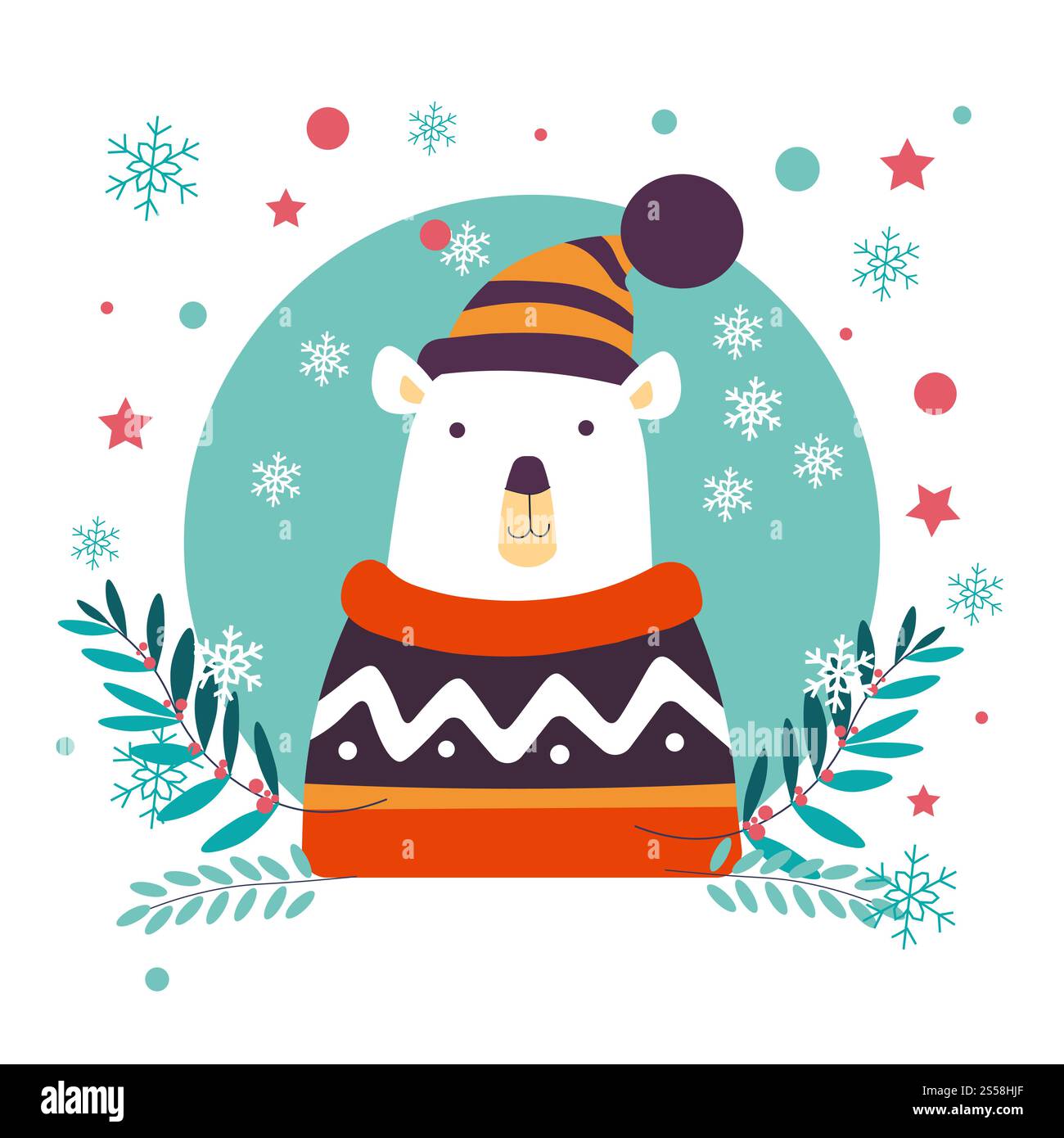 Animale di Natale dell'orso polare che indossa un maglione a maglia e un vettore di cappello caldo. Animale artico proveniente dal polo nord, dalla fauna selvatica e dalla natura. Rami con foglie, fiocchi di neve che cadono, mammiferi che simboleggiano l'inverno. Animale di Natale dell'orso polare che indossa un maglione e un cappello a maglia Illustrazione Vettoriale Animale di Natale dell'orso polare che indossa un maglione a maglia e un vettore di cappello caldo. Animale artico proveniente dal polo nord, dalla fauna selvatica e dalla natura. Rami con foglie, fiocchi di neve che cadono, mammiferi che simboleggiano l'inverno. Animale di Natale dell'orso polare che indossa un maglione e un cappello a maglia Illustrazione Vettoriale