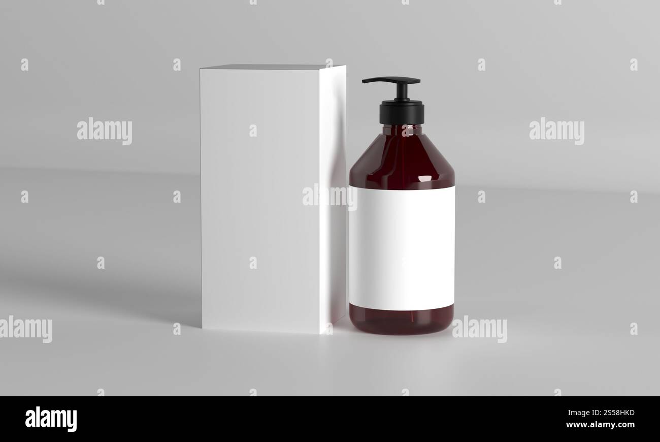Rendering 3d del flacone pompa color ambra scuro e del mockup con confezione bianca su sfondo bianco minimalista Foto Stock