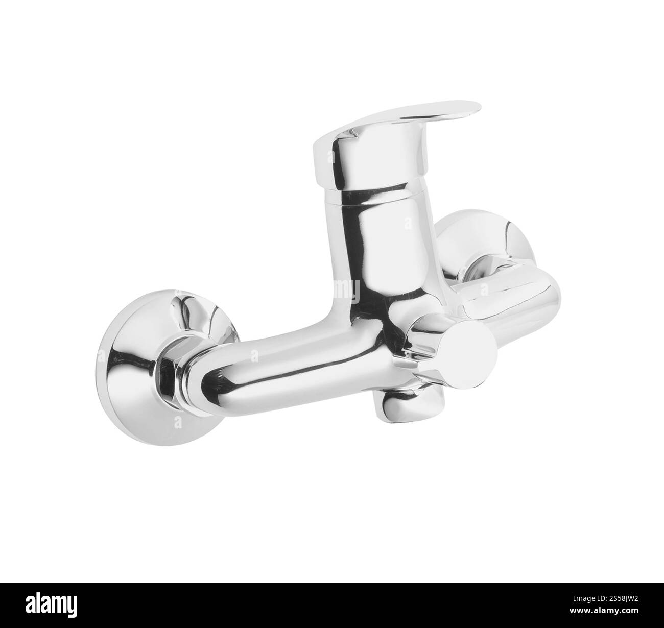 Miscelatore cromato su sfondo bianco. Miscelatore cromato rubinetto bianco Foto Stock