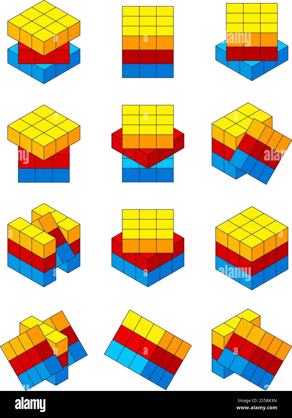 Cubo di Rubiks. Varie posizioni del cubo di rubiks isometrico. Illustrazione del cubo di rubik, vettore geometrico del blocco del puzzle. Cubo di Rubiks. Varie posizioni del cubo di rubiks isometrico Illustrazione Vettoriale