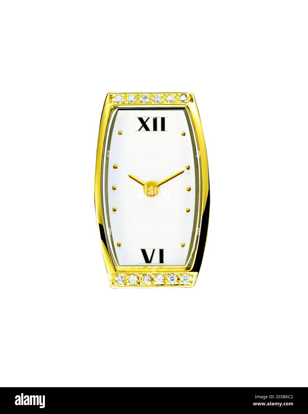 Primo piano di un orologio dorato isolato su uno sfondo bianco. Primo piano di un orologio d'oro Foto Stock