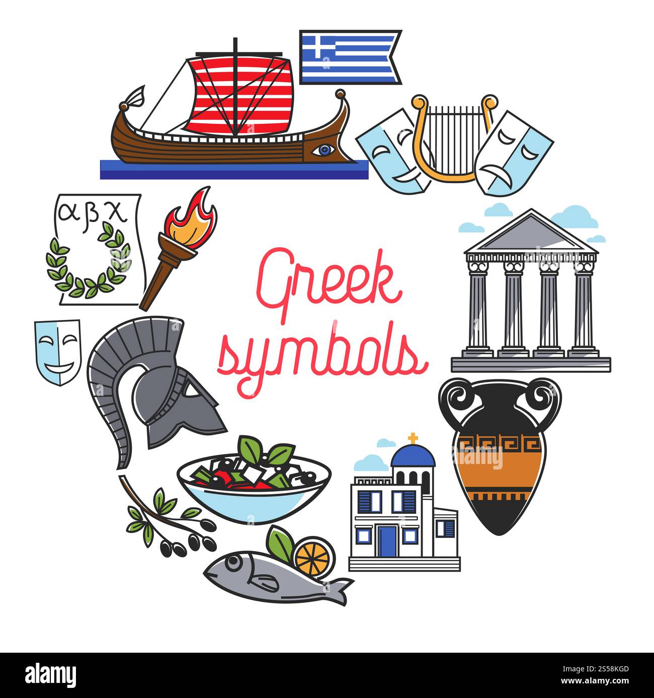 Poster di viaggio in Grecia dei famosi luoghi di interesse turistico e delle attrazioni culturali della Grecia. Simboli vettoriali della Grecia acropoli di Atene, barca a vela Argonauts e casco spartano nell'alloro d'oliva, chiesa di Santorini. Simboli turistici e luoghi di interesse culturale della Grecia per il poster di viaggio greco Illustrazione Vettoriale