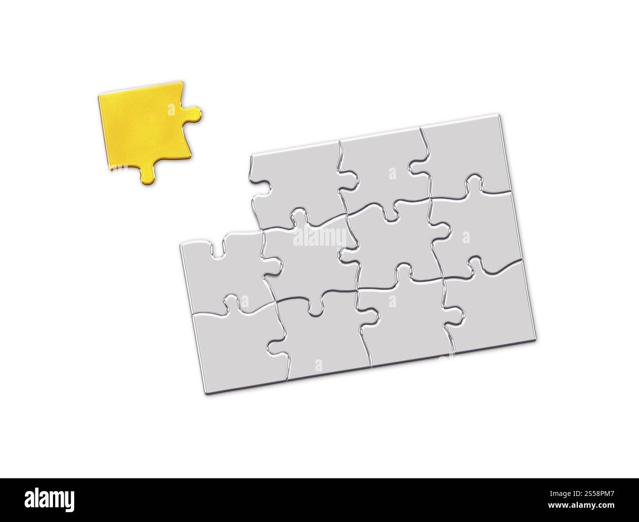 pezzo di puzzle dorato che galleggia sopra l'ultimo spazio aperto di un motivo di puzzle bianco. Puzzle con un pezzo d'oro mancante da completare Foto Stock