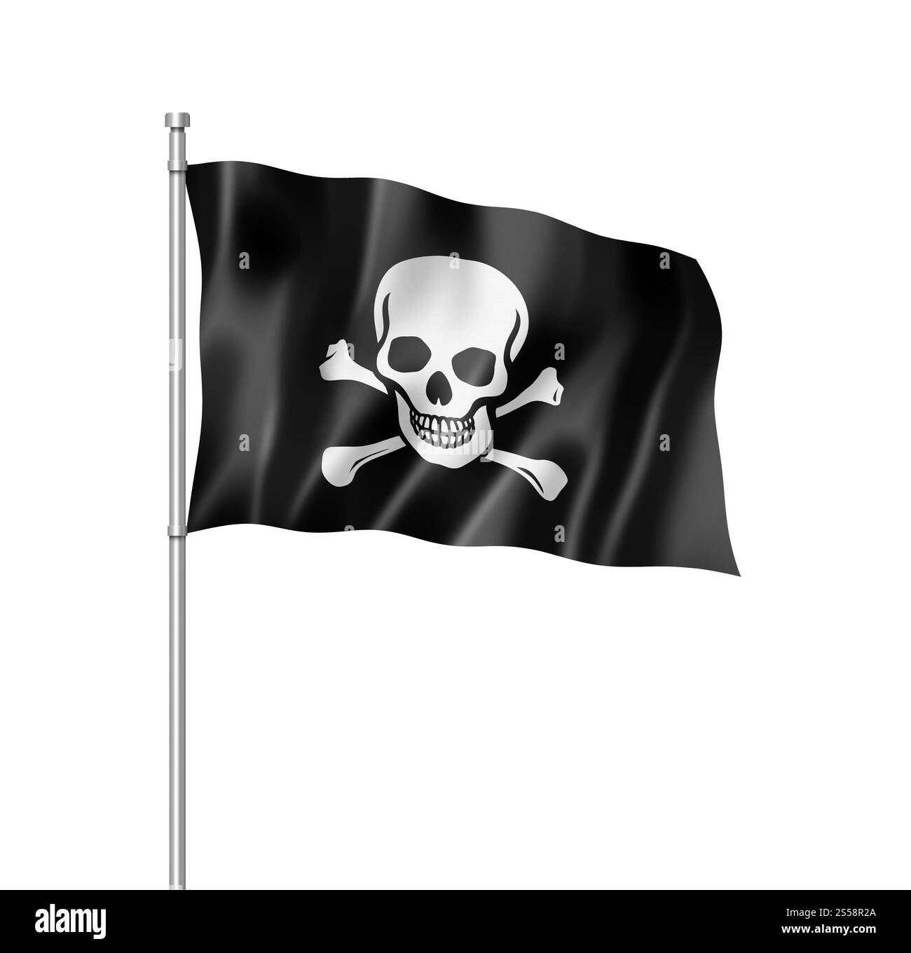 Bandiera dei pirati, Jolly Roger, resa tridimensionale, isolata sul bianco. Bandiera dei pirati, Jolly Roger isolata sul bianco Foto Stock