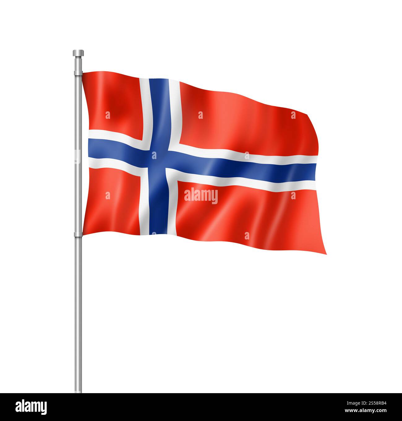 Bandiera norvegese, resa tridimensionale, isolata sul bianco. Bandiera norvegese isolata sul bianco Foto Stock