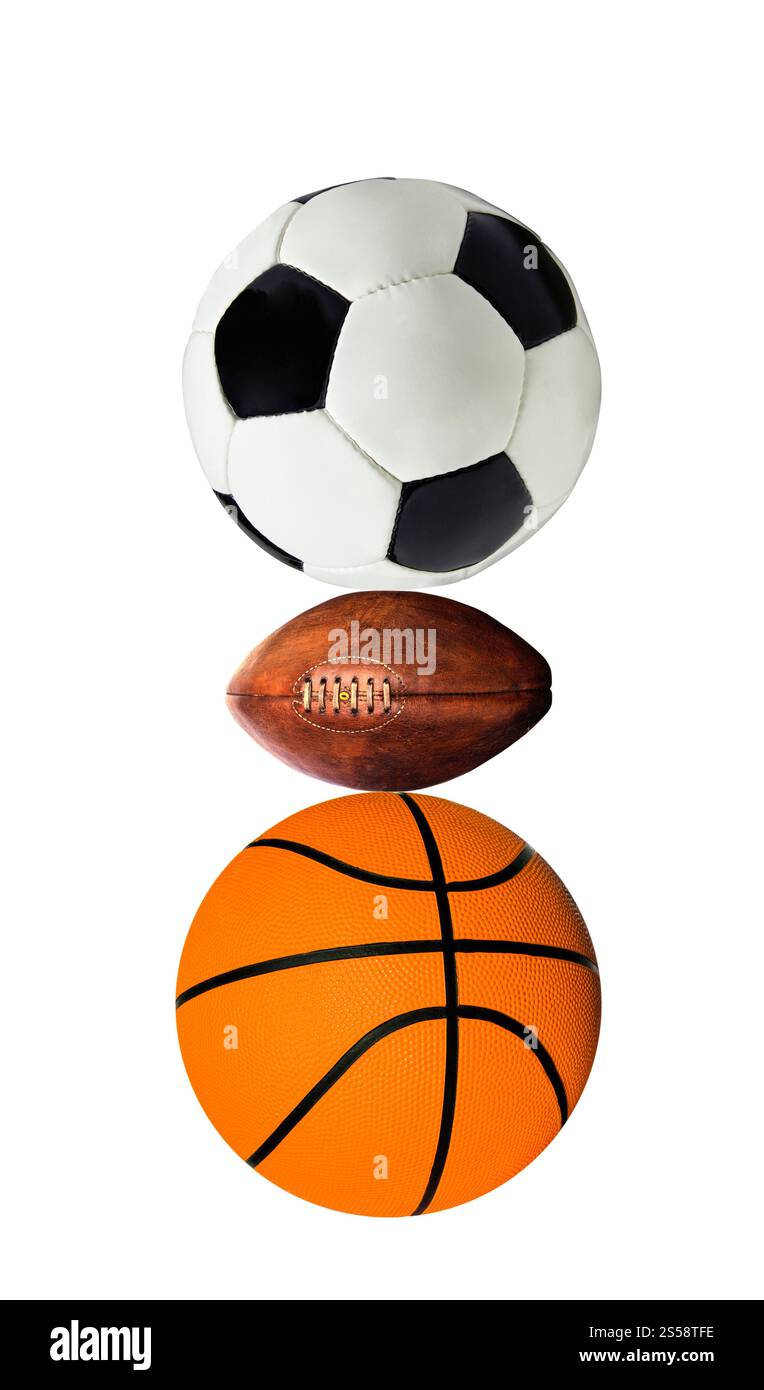Un gruppo di palline sportive su un bianco. gruppo di palline sportive su un bianco Foto Stock