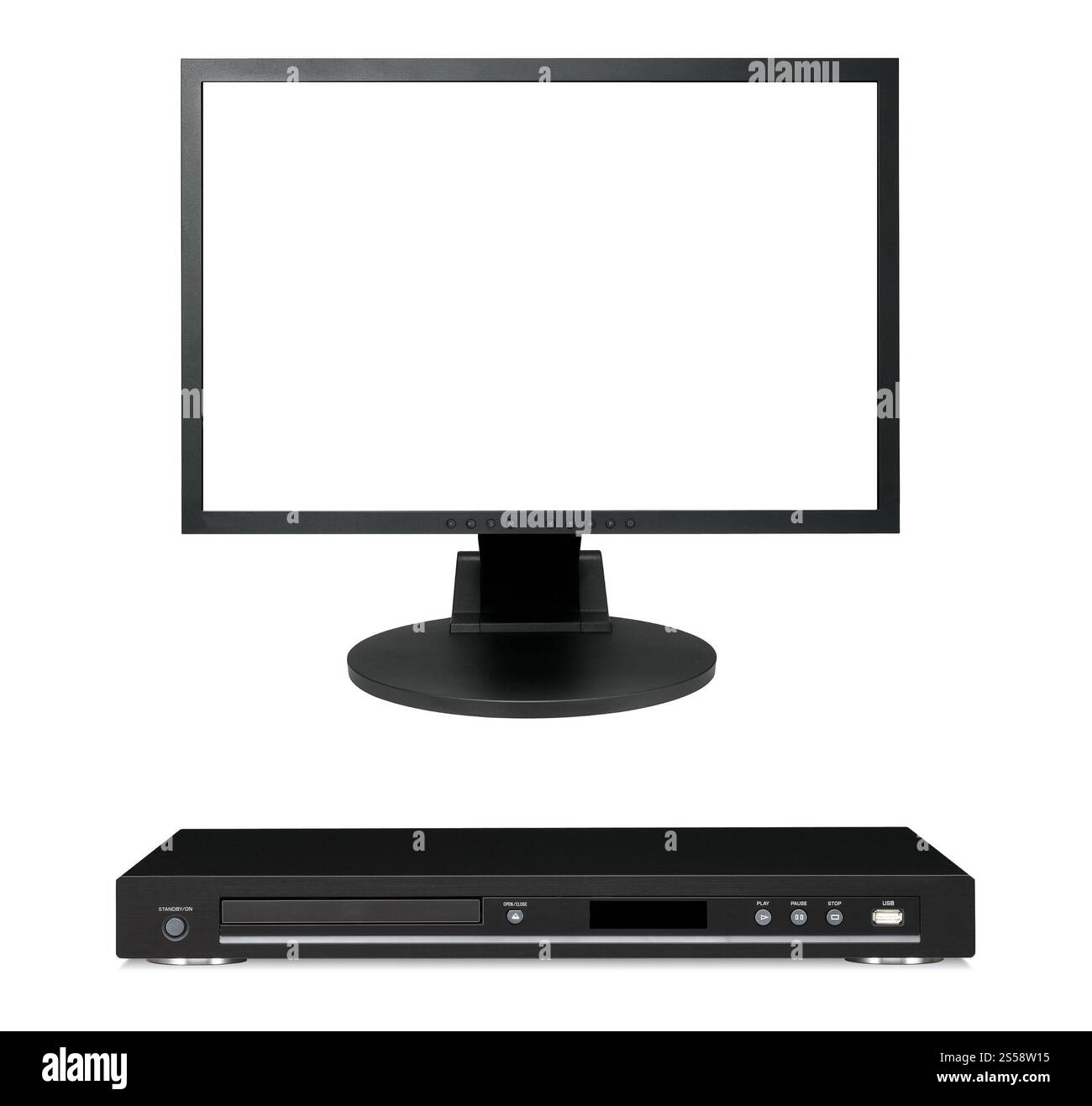 lettore dvd nero con monitor isolato su sfondo bianco. lettore dvd nero con monitor Foto Stock