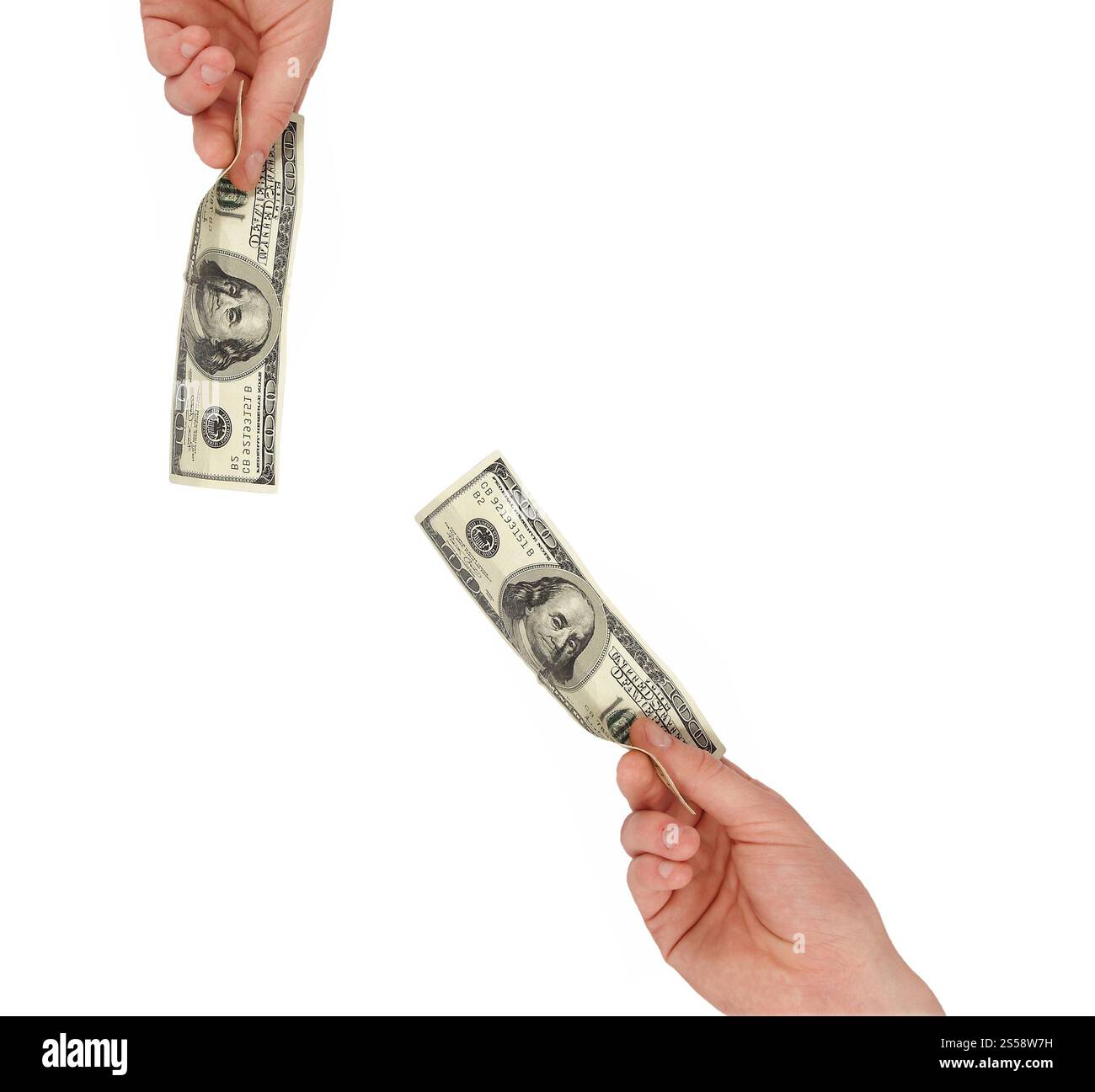 Una mano di mans con una banconota da cento dollari. mans mano con una banconota da cento dollari Foto Stock