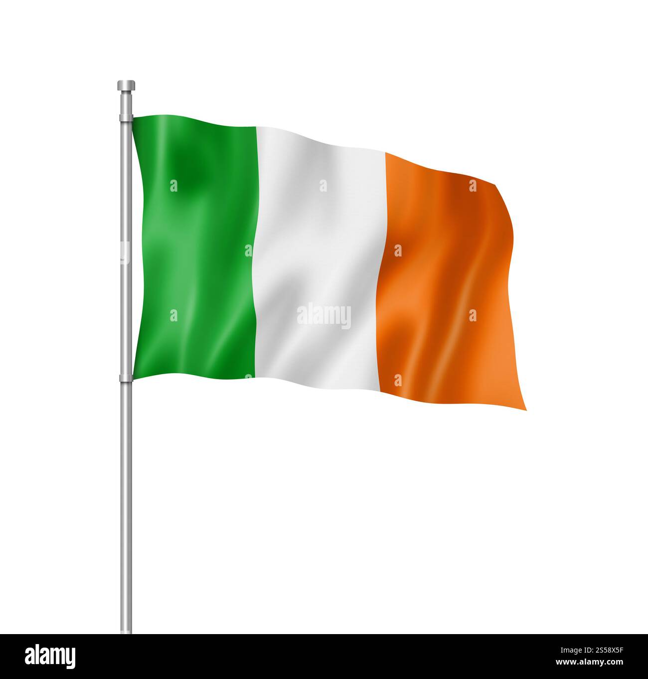 Bandiera dell'Irlanda, resa tridimensionale, isolata sul bianco. Bandiera irlandese isolata sul bianco Foto Stock