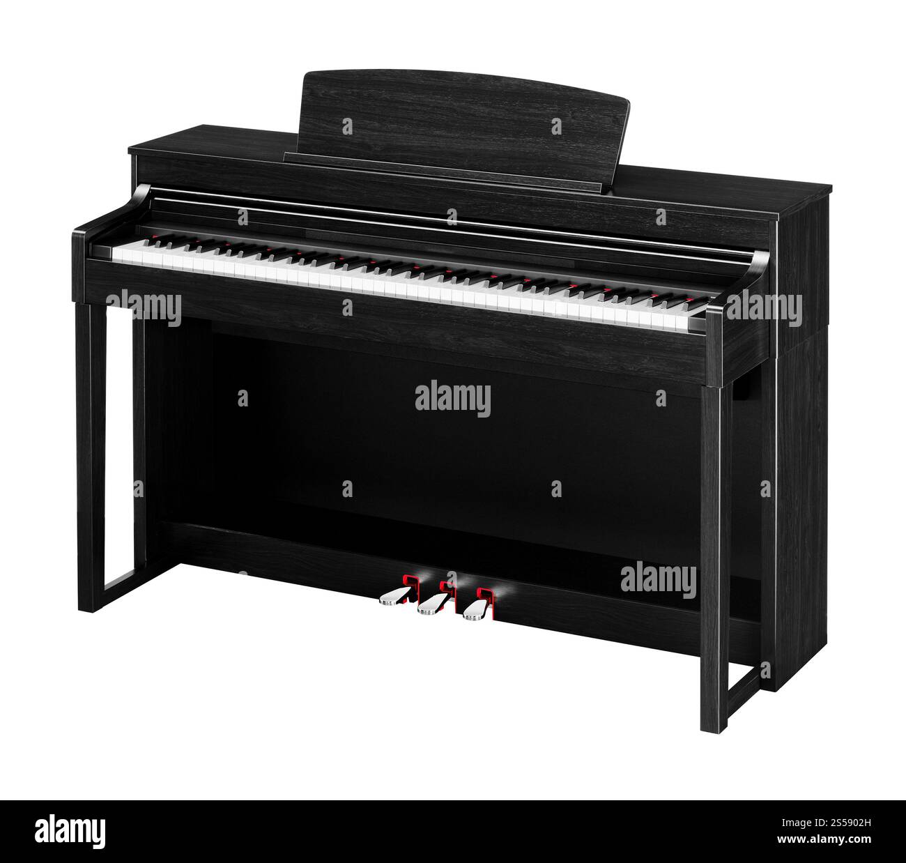 Vero pianoforte a coda nero isolato sul bianco. Vero pianoforte a coda nero Foto Stock