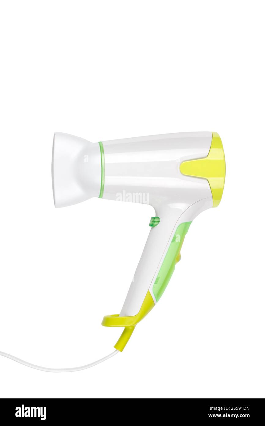 primo piano di un asciugacapelli su sfondo bianco. primo piano di un asciugacapelli Foto Stock