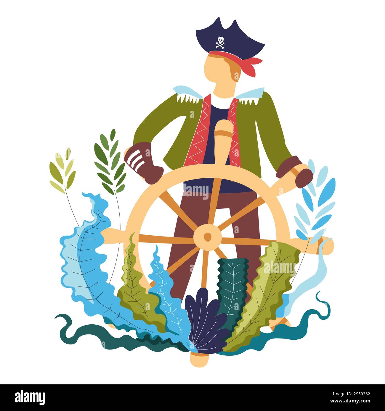 Pirata con volante in legno, capitano della nave vettoriale. Persona che indossa un costume tradizionale di pirateria, cappello con teschio e ossa incrociate. Uomo che guida la nave in mare, fogliame e foglie elemento decorativo. Pirata al volante in legno, capitano di nave Illustrazione Vettoriale