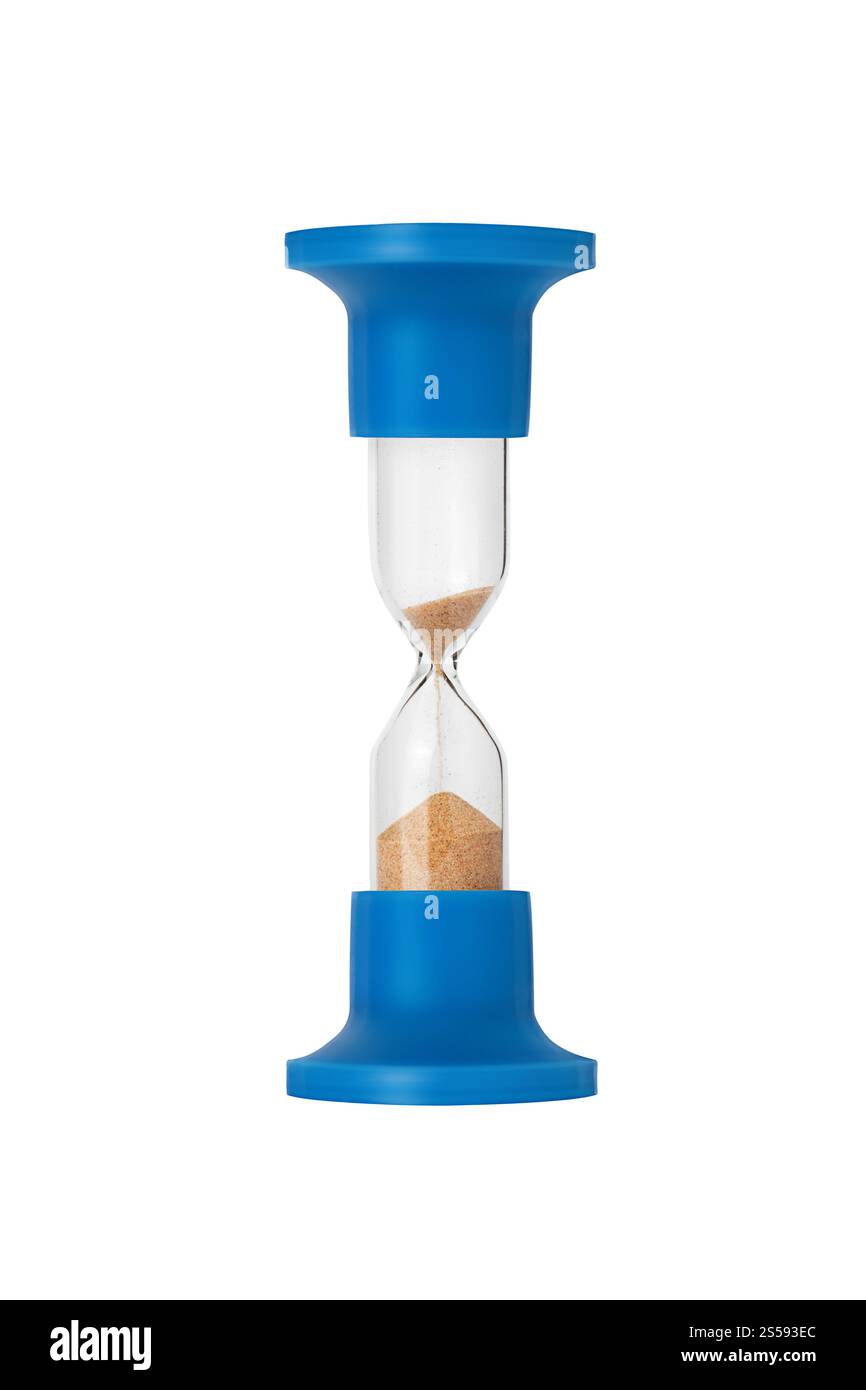 Vetro sabbioso blu isolato su sfondo bianco. Vetro sabbioso blu Foto Stock