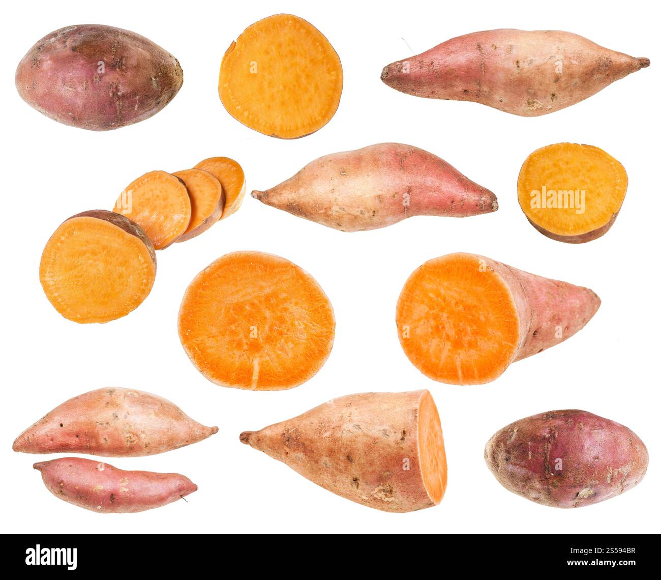 set di varie patate dolci (batate) isolate su sfondo bianco Foto Stock