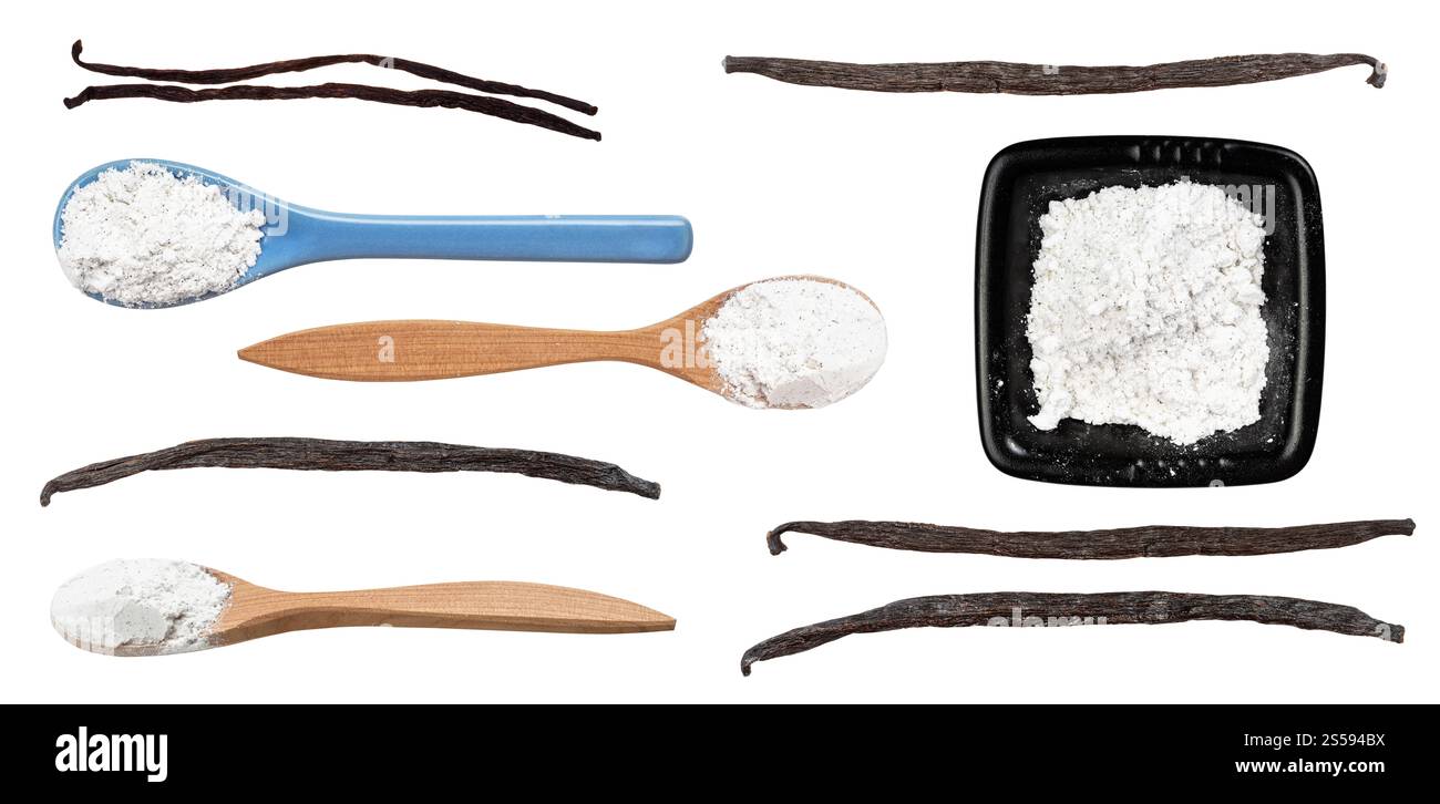 set di baccelli di vaniglia e zuccheri (vaniglia di tahiti e vaniglia di bourbon) isolati su sfondo bianco Foto Stock