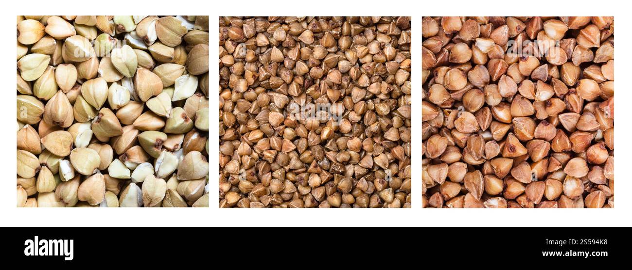 set di cibo quadrato sfondo - vari grano saraceno groats in primo piano Foto Stock