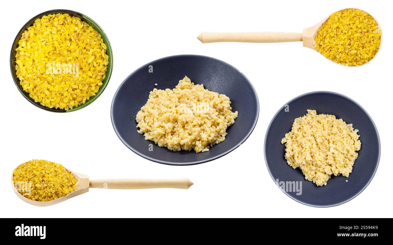 set di vari bulgur cotti e crudi, isolati su sfondo bianco Foto Stock