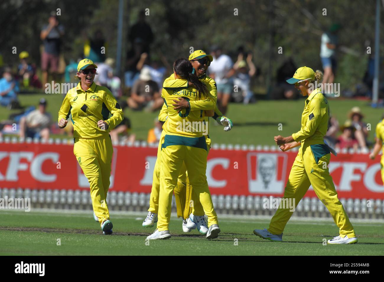 MELBOURNE, AUSTRALIA. 14 gennaio 2025. La squadra australiana di cricket femminile celebra la sconfitta della squadra inglese di cricket femminile nella seconda serie One Day International of the Ashes a Melbourne al CitiPower Centre, Junction Oval Melbourne, Australia il 14 gennaio 2025 Credit: Karl Phillipson/Alamy Live News Foto Stock