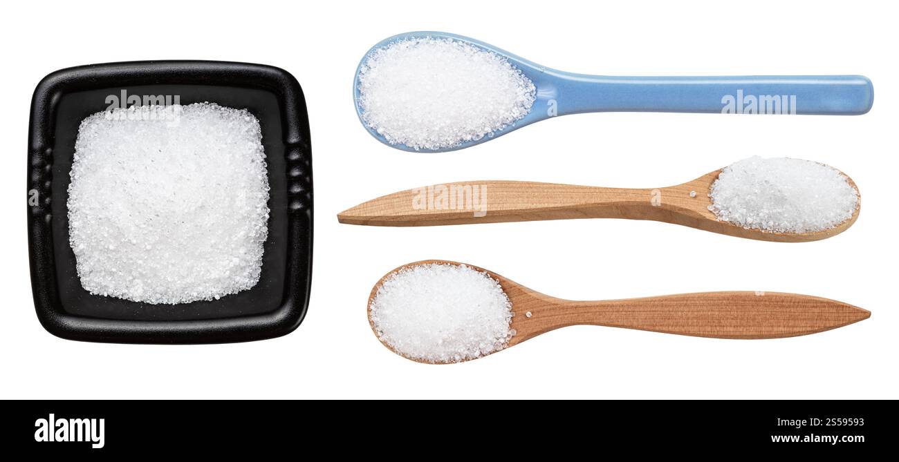 set di acido citrico cristallino isolato su sfondo bianco Foto Stock