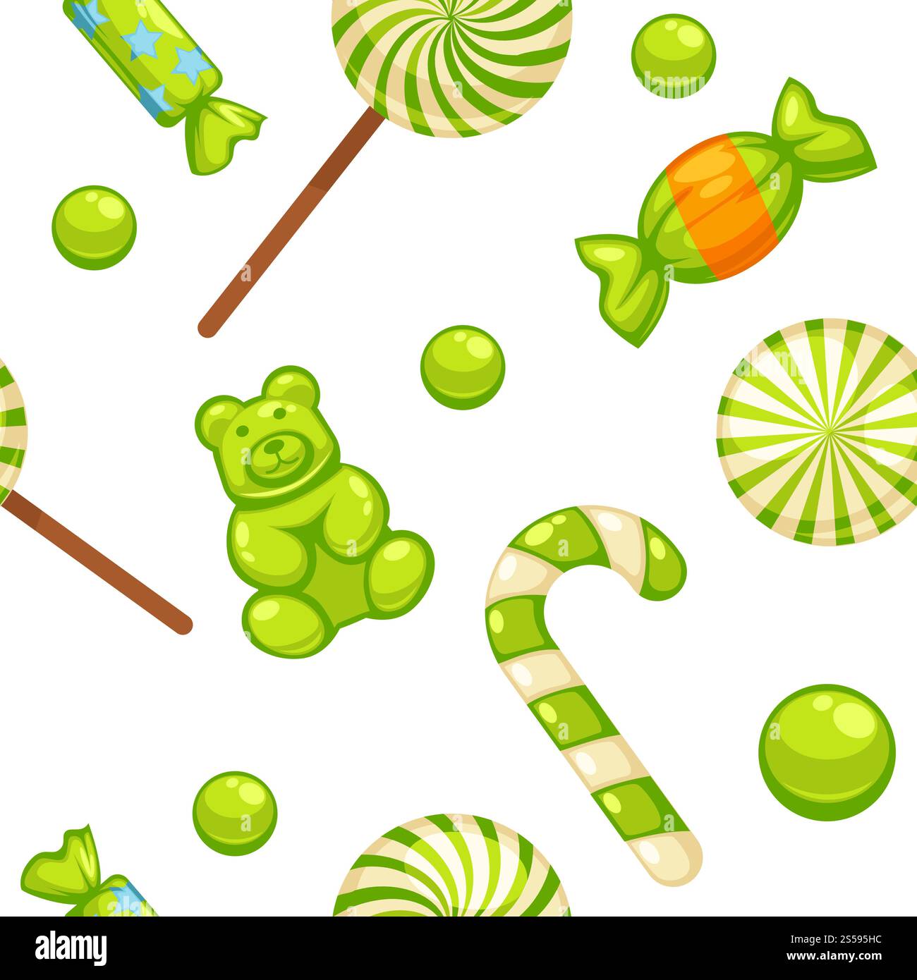 Deliziose caramelle dolci con copertine luminose e lecca-lecca a forma di cuori carini, bastone a righe e piccolo orsacchiotto in disegni vettoriali isolati a cartoni animati senza cuciture ambientati all'interno dei quadrati. Deliziose caramelle dolci con coperture brillanti e lecca-lecca a forma di cuori carini, bastone a righe e piccolo peluche con motivo senza cuciture isolato Illustrazione Vettoriale