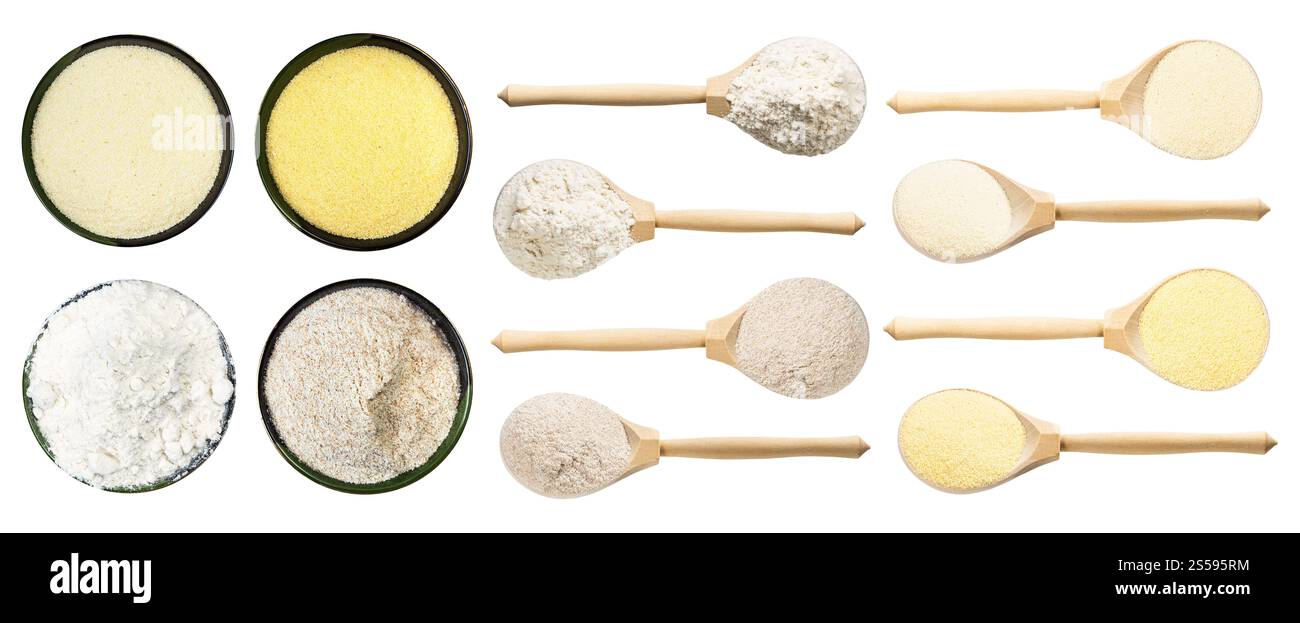 set di vari pasti di grano isolato su sfondo bianco Foto Stock