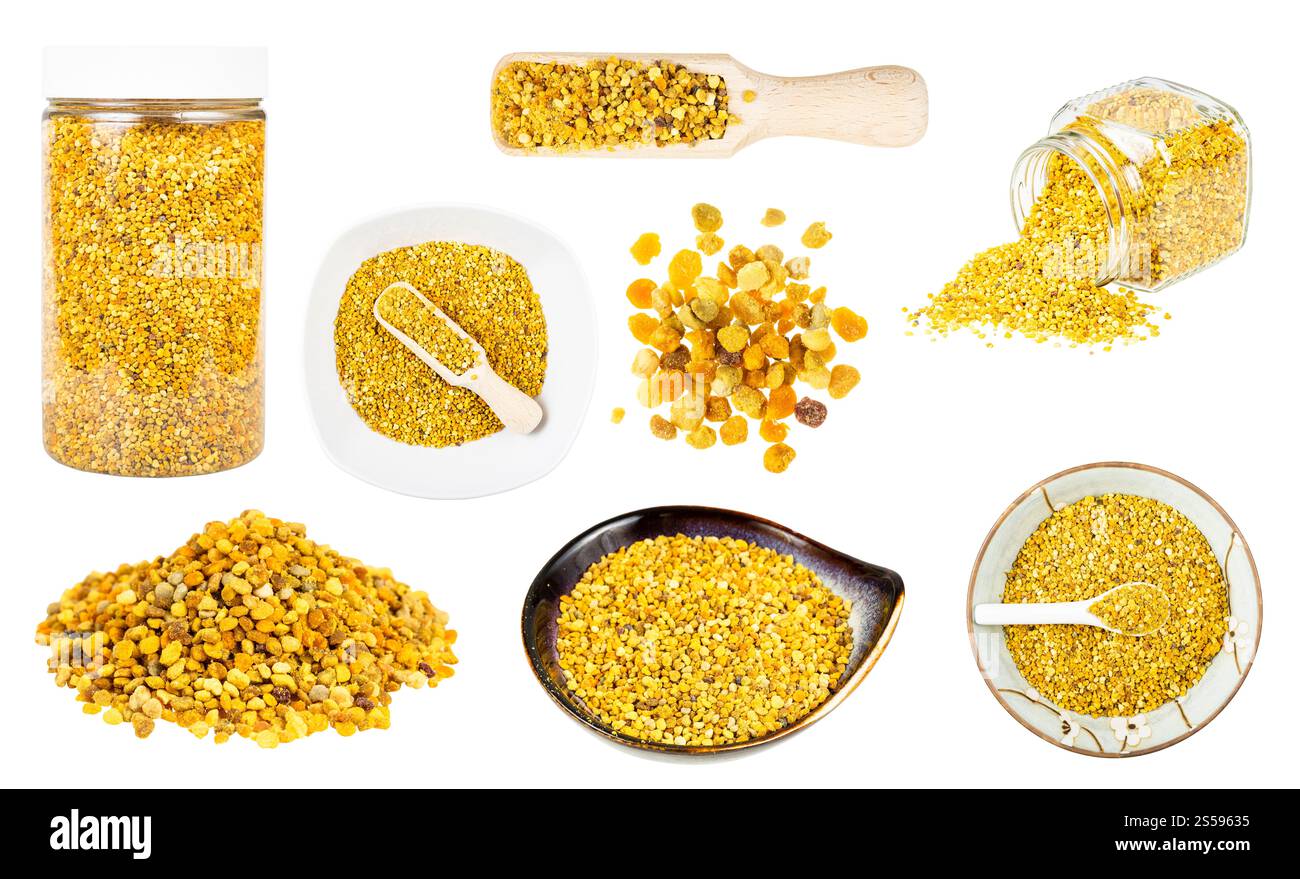 set di vari pani di api in mucchio e ciotole isolato su sfondo bianco Foto Stock