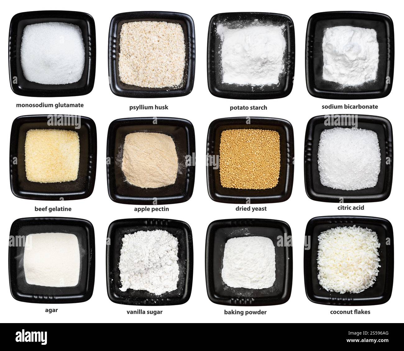 set di ciotole nere con potenziatori di cottura con nomi isolati su sfondo bianco Foto Stock
