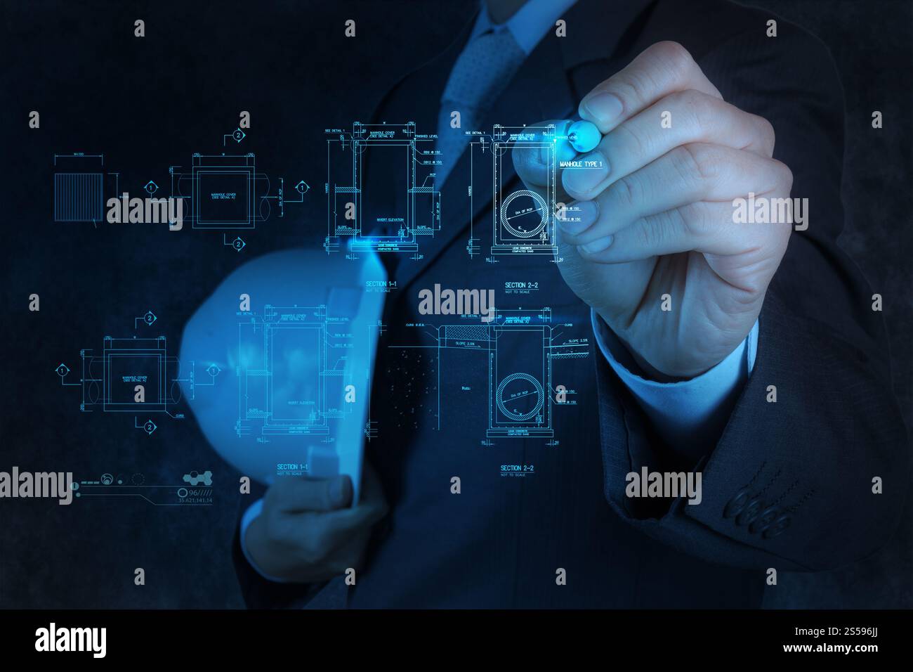 Disegno tecnico del foro principale schema sanitario sulla lavagna virtuale Foto Stock