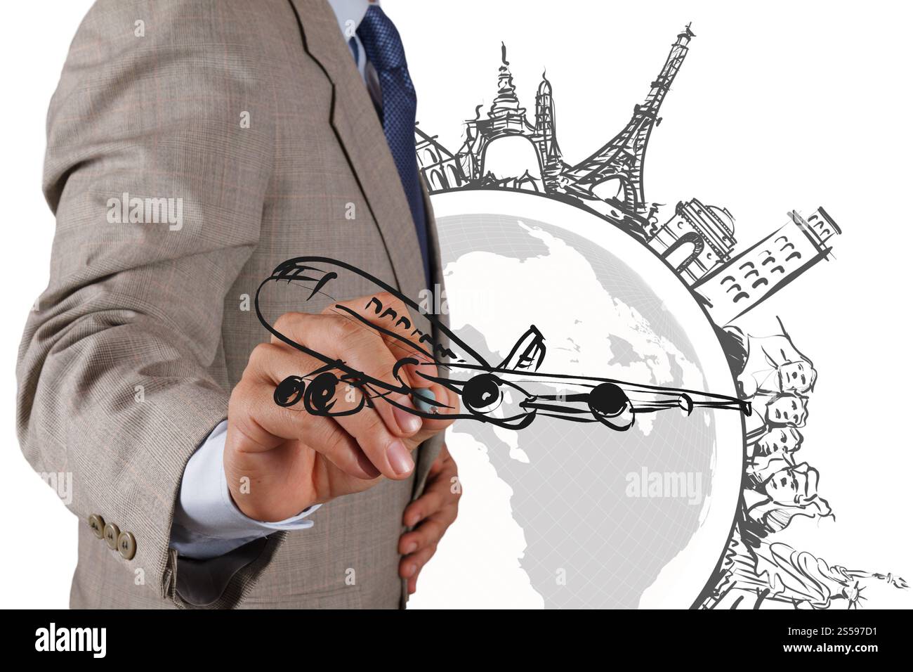 l'uomo d'affari disegna a mano viaggi da sogno in tutto il mondo Foto Stock