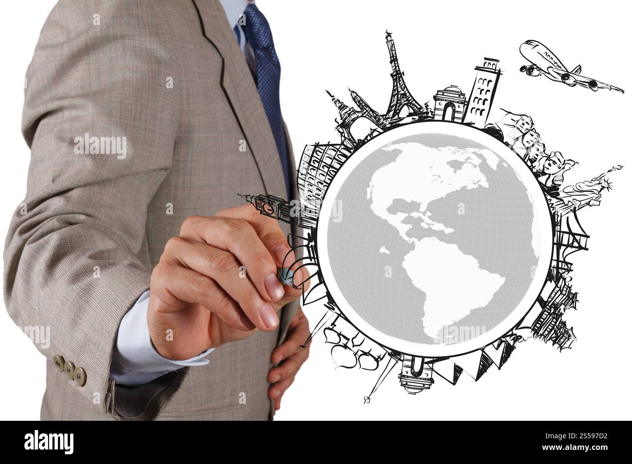 l'uomo d'affari disegna a mano viaggi da sogno in tutto il mondo Foto Stock