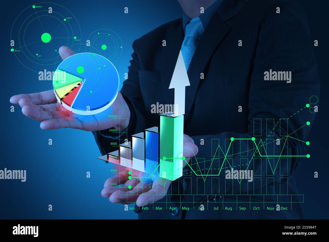 Imprenditore mano trattiene la barra del grafico a torta e a crescita come concetto Foto Stock