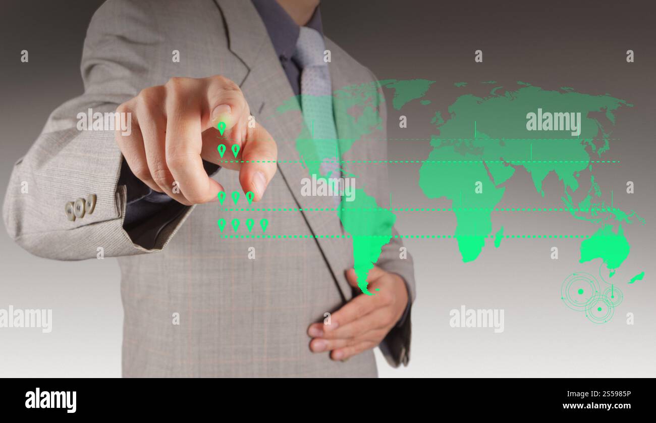 Imprenditore lavora con il nuovo computer moderni show business grafico struttura mappa Foto Stock
