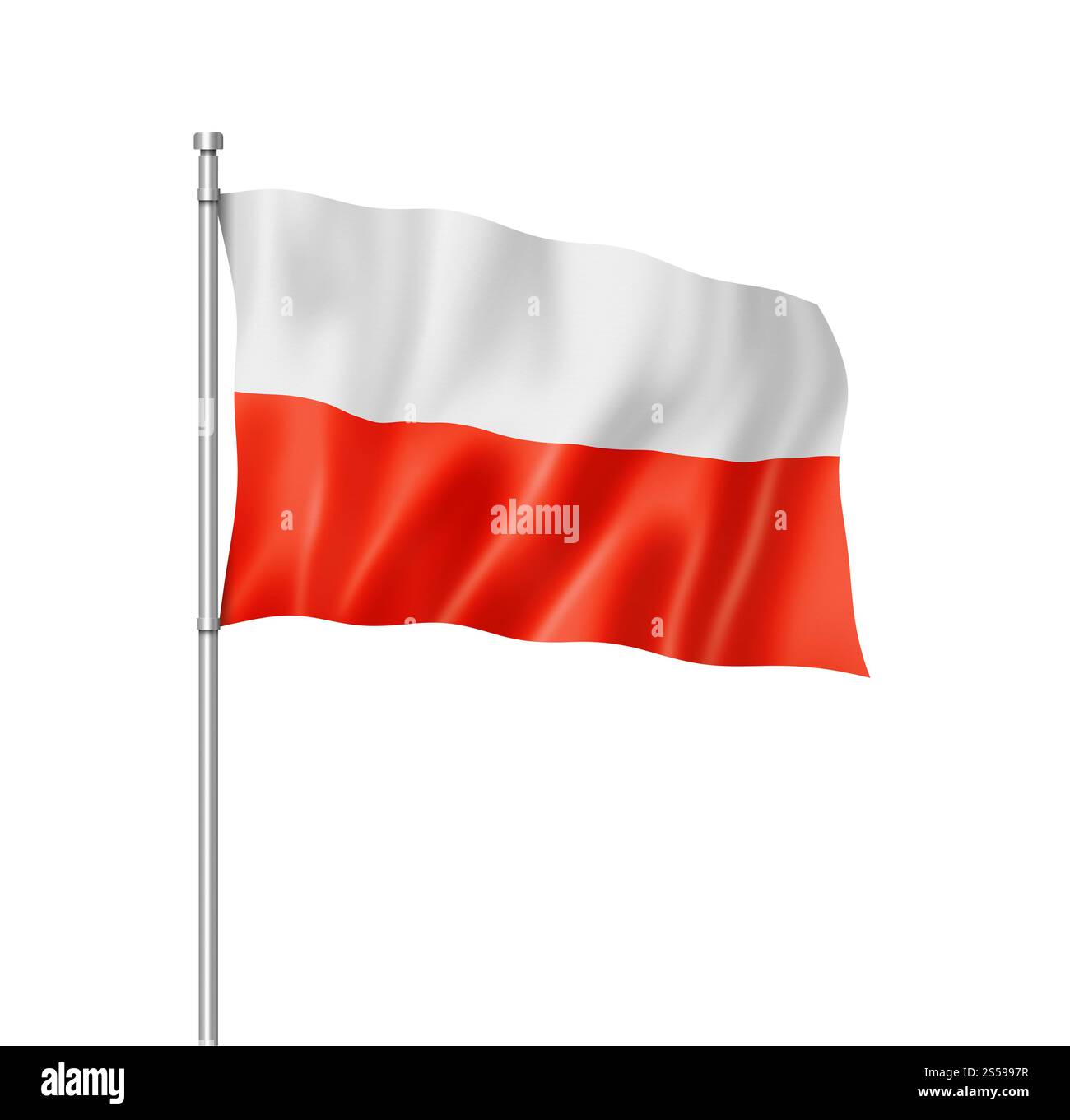 Bandiera della Polonia, resa tridimensionale, isolata sul bianco. Bandiera polacca isolata su bianco Foto Stock
