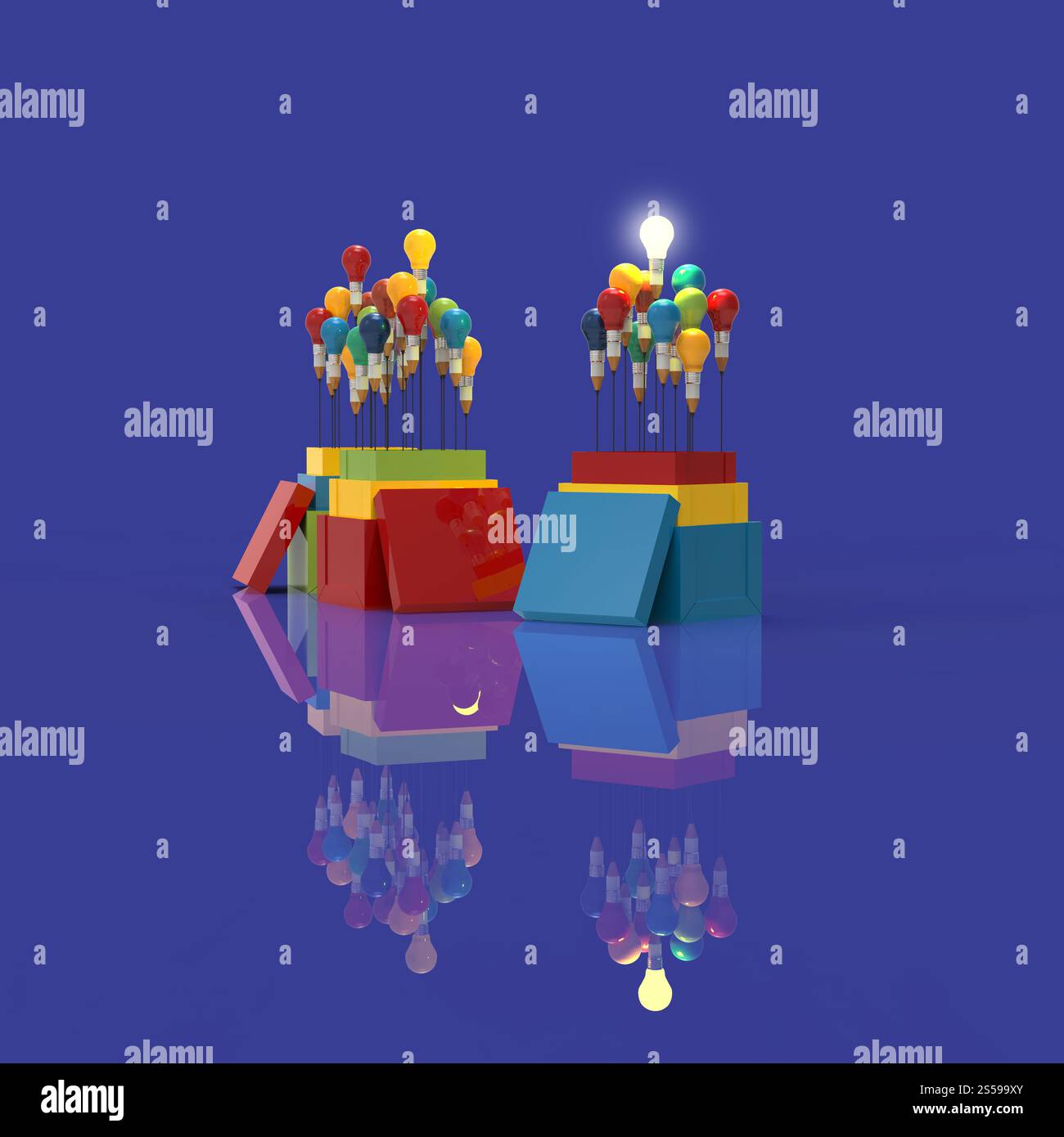 Matita lampadina luce 3d come pensate al di fuori della casella e leadership come concetto Foto Stock