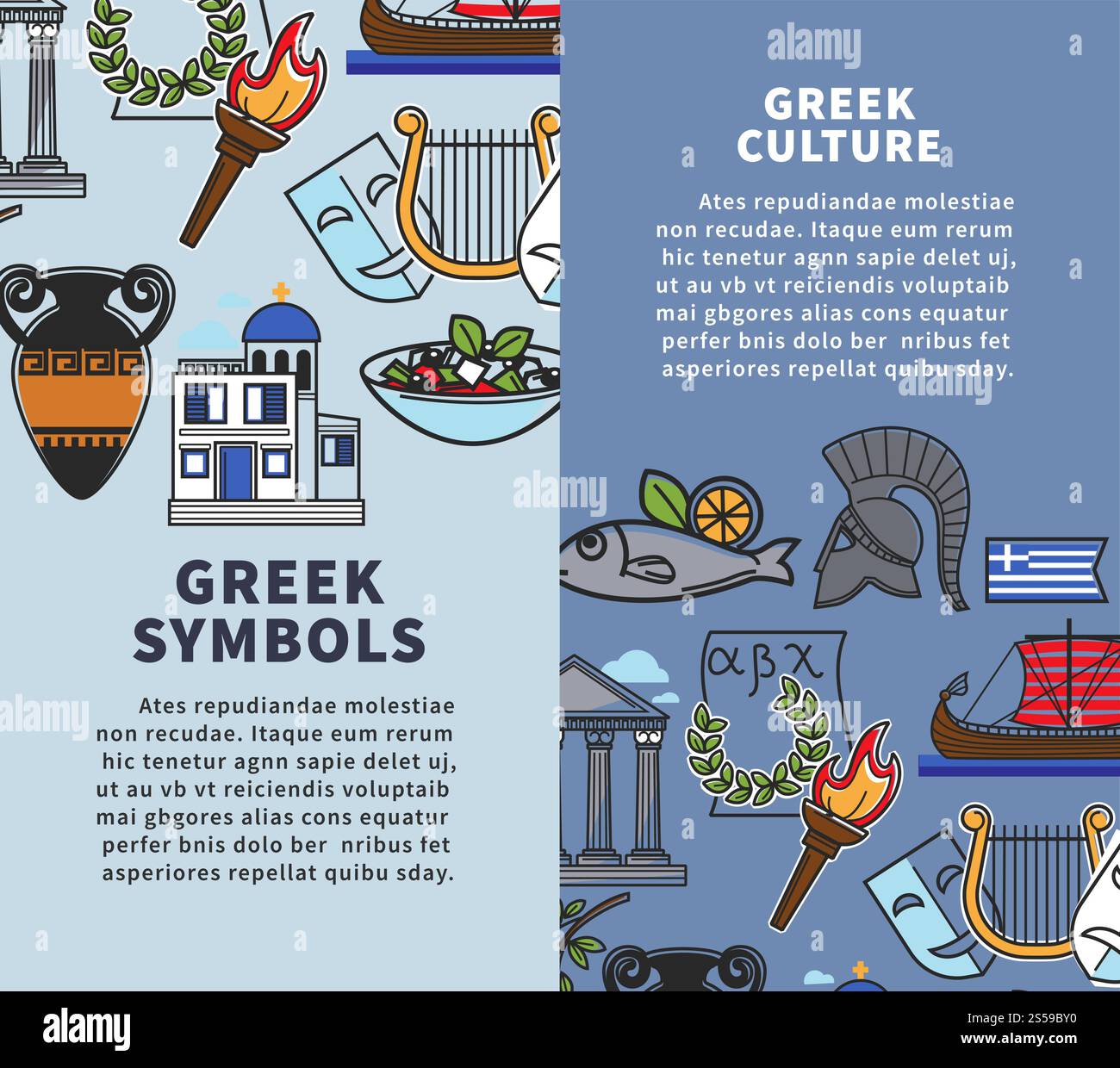 Icone di luoghi di interesse turistico famosi della Grecia e simboli di attrazione culturale greca per il design di viaggi o poster turistici. Vector Greece acropoli di Atene, barca a vela Argonauts e casco spartano in alloro d'oliva. Poster di viaggio in Grecia dei famosi simboli turistici greci e delle icone culturali Illustrazione Vettoriale