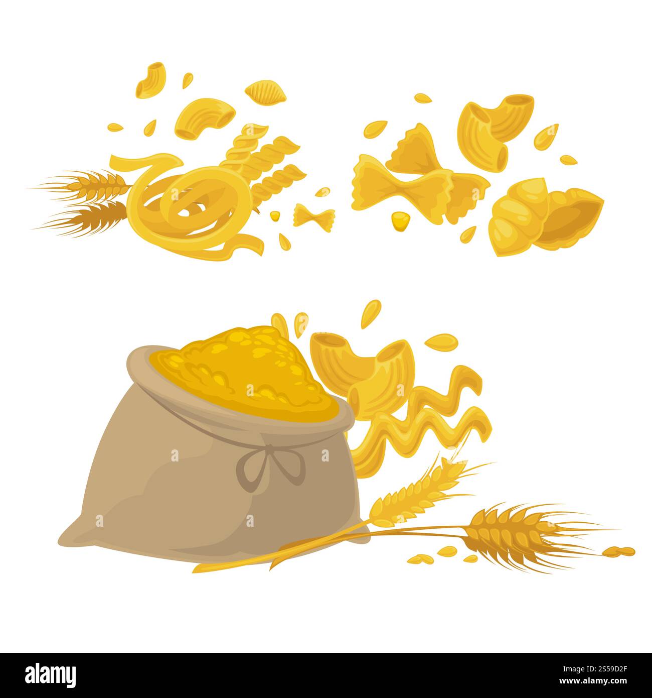 Icone della pasta e del grano o della farina dei cereali. Design vettoriale di spaghetti, fettuccine durate e farfalle con sacchetto di farina e spikelets di grano per la cucina italiana della pasta. Icone vettoriali di pasta e farina di grano Illustrazione Vettoriale