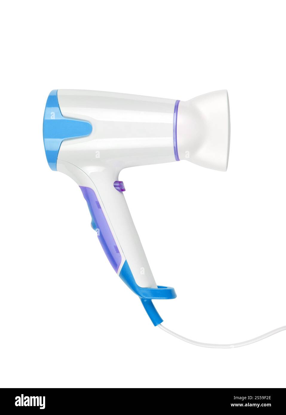 primo piano di un asciugacapelli isolato su sfondo bianco. primo piano di un asciugacapelli su sfondo bianco Foto Stock