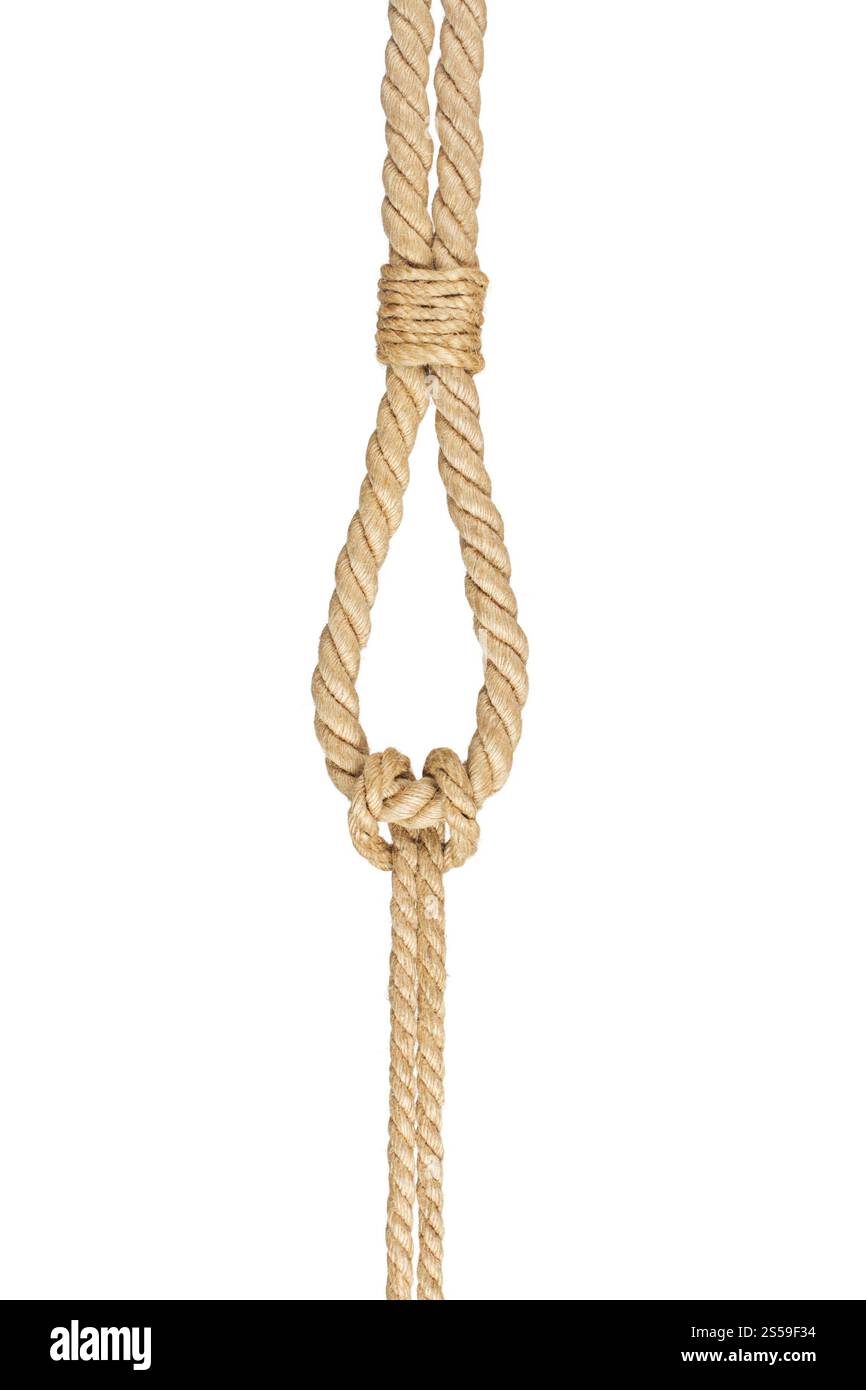 corda con nodo, isolata sul bianco. corda con nodo Foto Stock