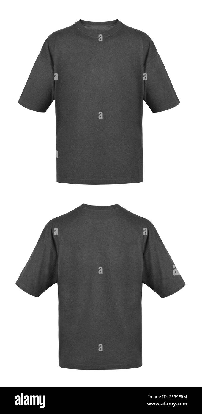 T-shirt nere isolate su sfondo bianco. T-shirt nere Foto Stock