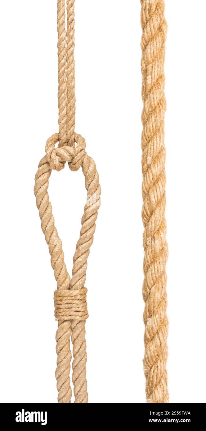 corda con nodo, isolata sul bianco. corda con nodo Foto Stock