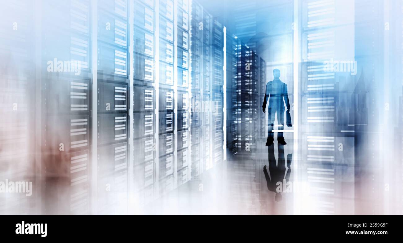 Doppia esposizione di immagine astratta con la tecnologia in background del server Foto Stock