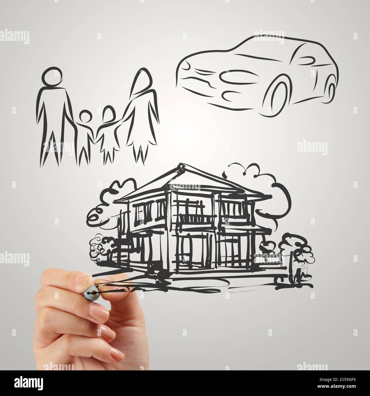 Disegna a mano pianificazione familiare futuro come concetto Foto Stock