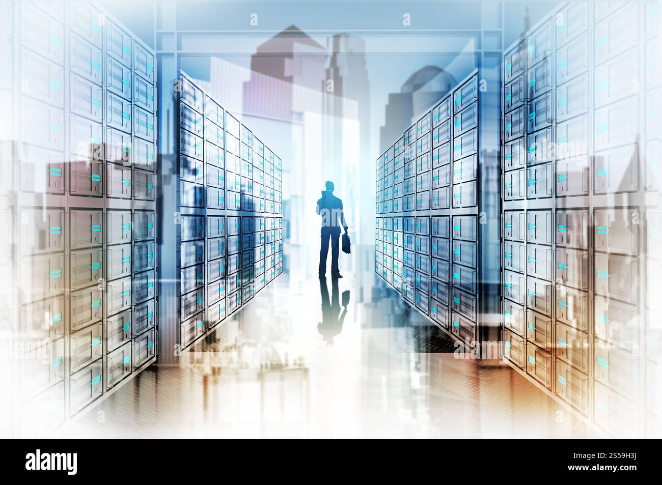 Doppia esposizione di immagine astratta con la tecnologia in background del server Foto Stock