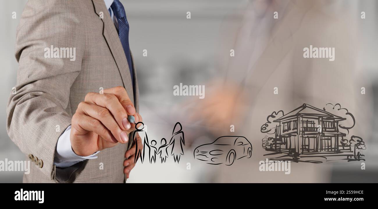 Imprenditore mano mostra pianificazione familiare futuro su sfondo schermo come concetto Foto Stock