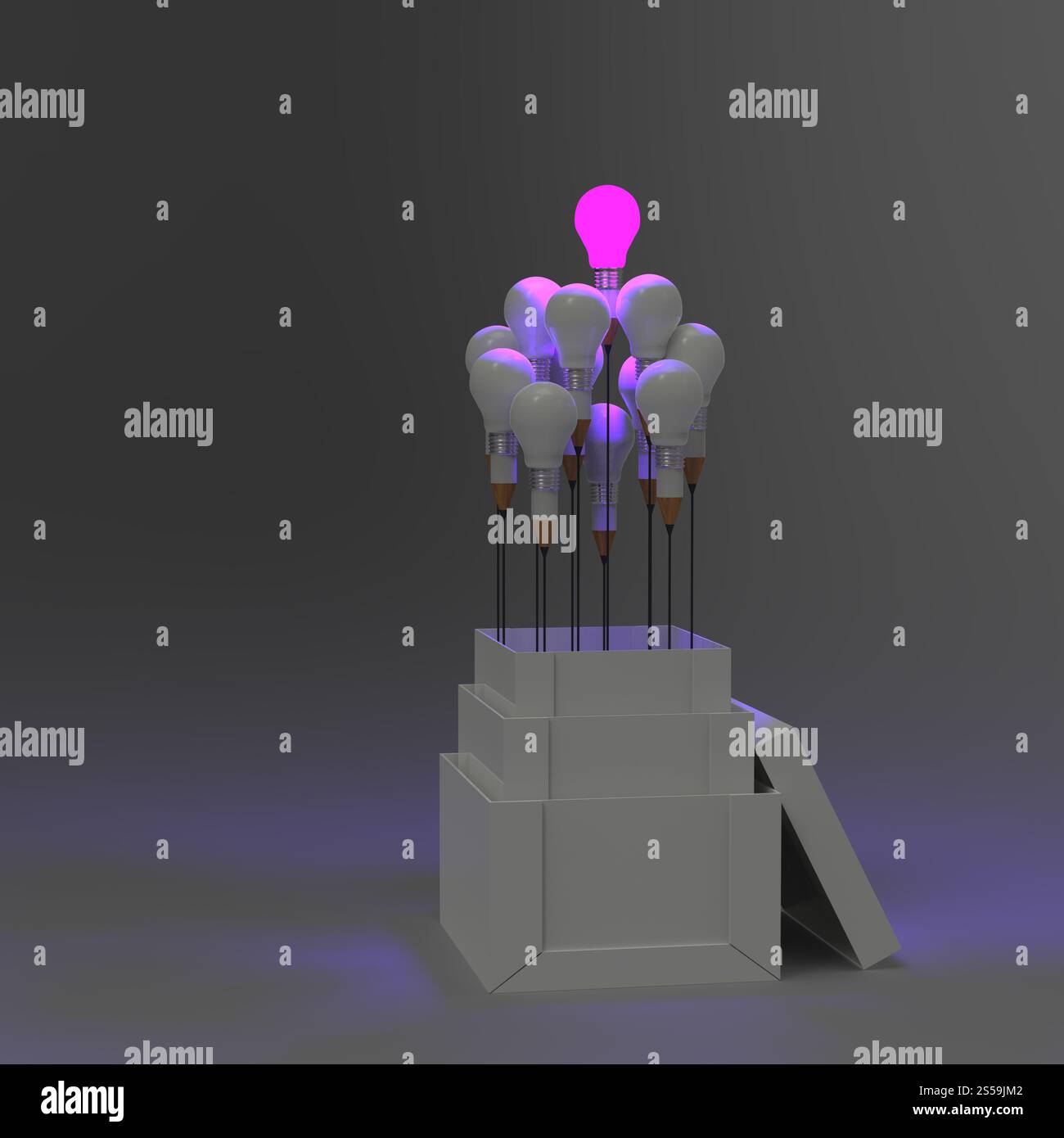 Matita lampadina luce 3d come pensate al di fuori della scatola come concetto Foto Stock