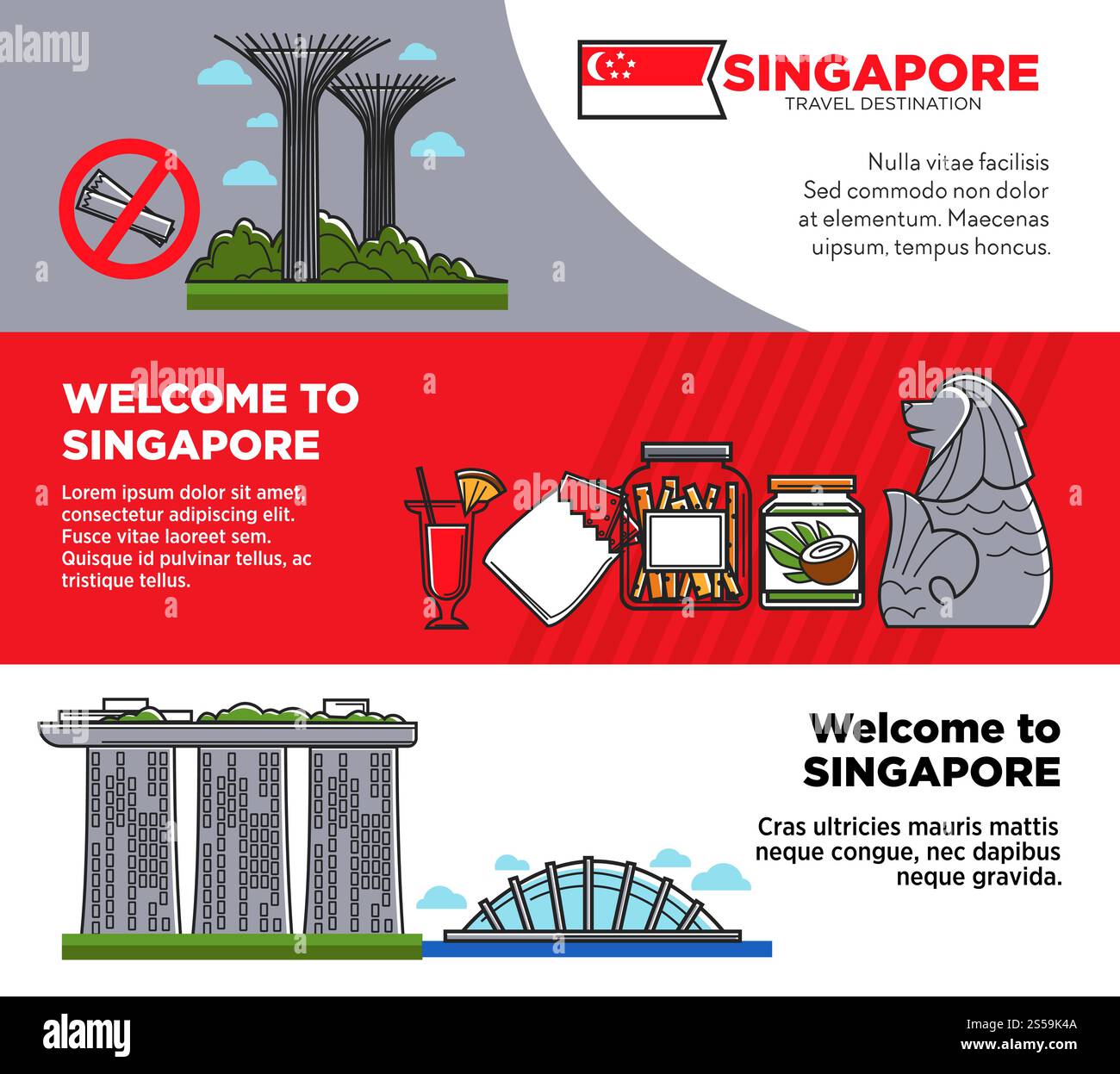 Benvenuti a Singapore poster promozionali con architettura e cibo insoliti. Viaggio verso un'area commerciale orientale altamente sviluppata. Edifici futuristici e statue illustrazioni vettoriali su striscioni. Benvenuti a Singapore poster promozionali con architettura e cibo insoliti Illustrazione Vettoriale