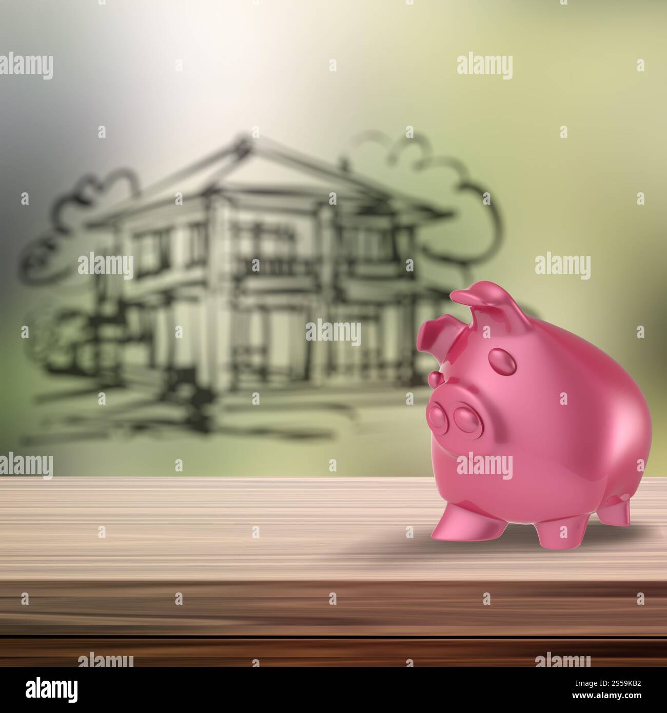 3d salvadanaio sul ripiano di legno con home blur sullo sfondo come concetto Foto Stock
