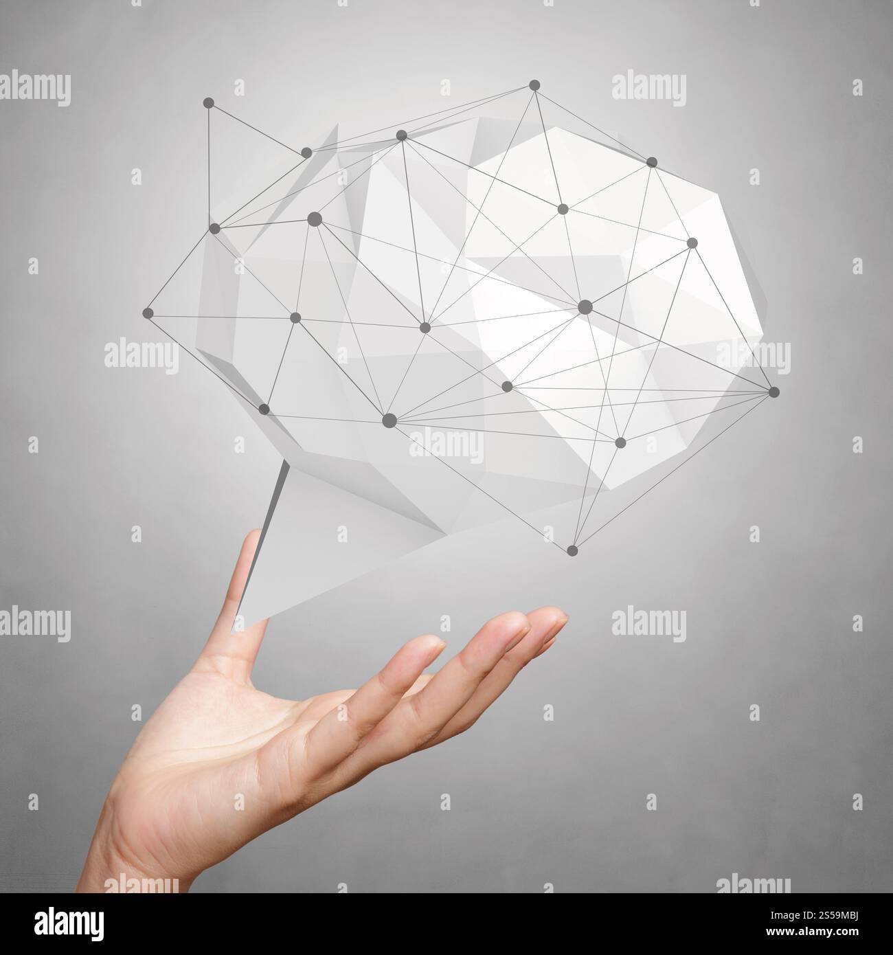 Mano che mostrano una bassa poli geometrica bolla del parlato con i social media struttura su sfondo bianco Foto Stock