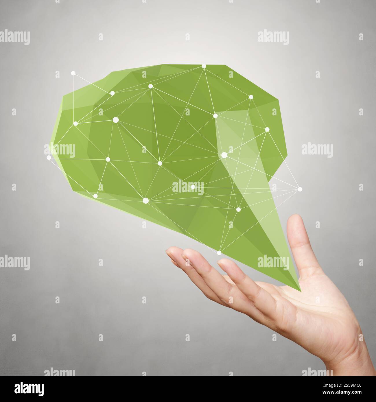 Mano che mostrano una bassa poli geometrica bolla del parlato con i social media struttura su sfondo bianco Foto Stock