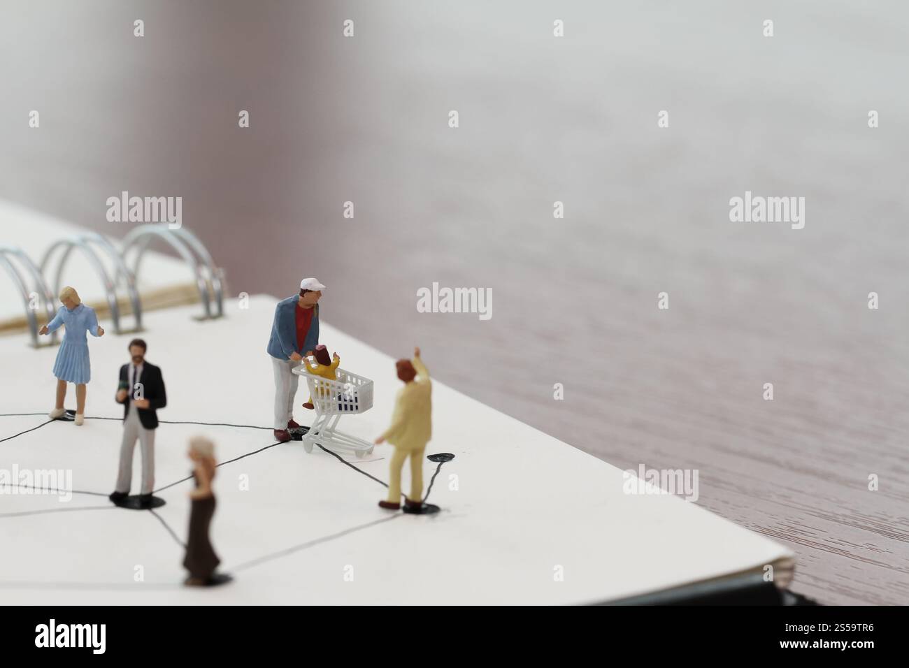 primo piano di persone in miniatura con un diagramma di social network su un notebook aperto su una scrivania in legno mentre i social media si avvicinano Foto Stock